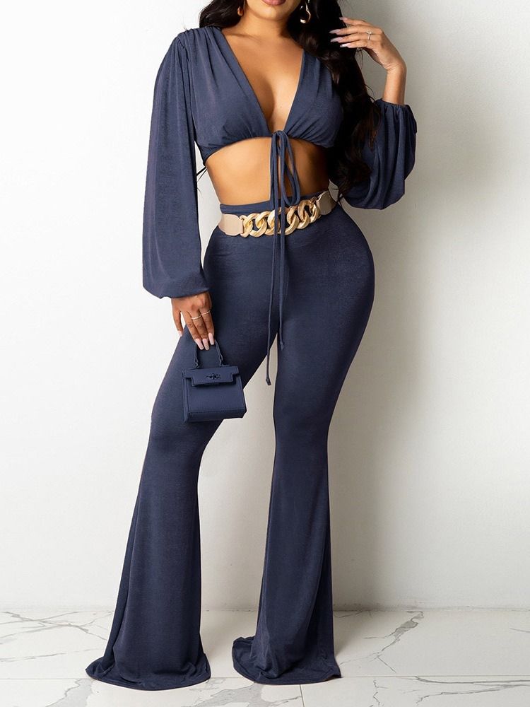 Vanlig T-Shirt Mode Bellbottoms V-Ringad Tvådelad Set