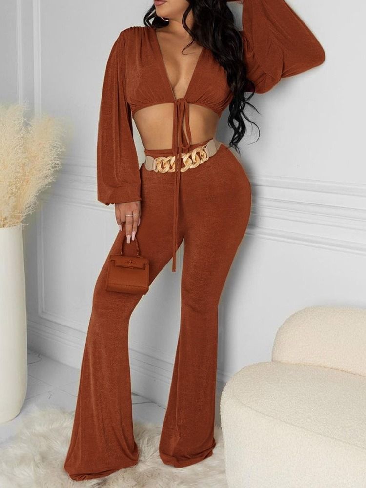 Vanlig T-Shirt Mode Bellbottoms V-Ringad Tvådelad Set