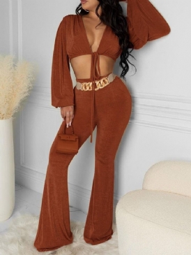 Vanlig T-Shirt Mode Bellbottoms V-Ringad Tvådelad Set