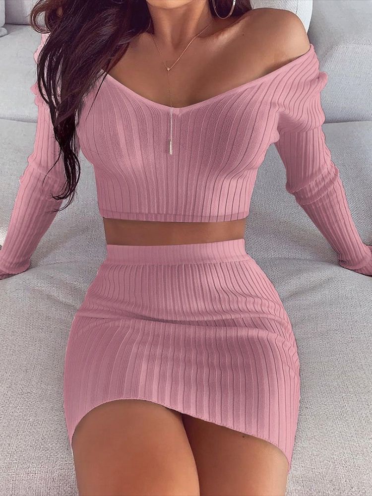 Vanlig Tröja Sexig Pullover Bodycon Tvådelade Set