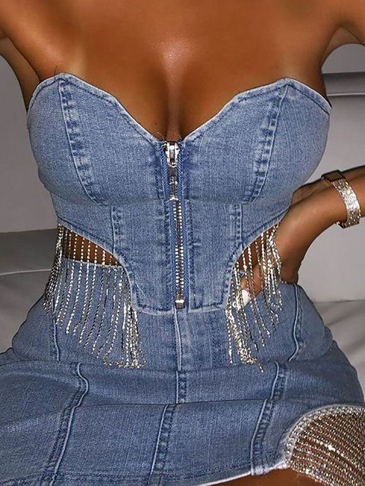 Vanlig Väst Patchwork Off Shoulder Dragkedja I Två Delar