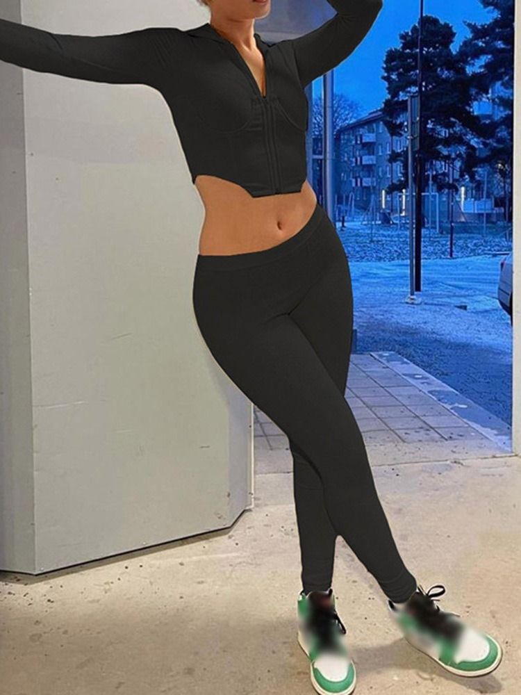 Vanliga Byxor Dragkedja Pencil Byxor Hooded Two-Piece Sets