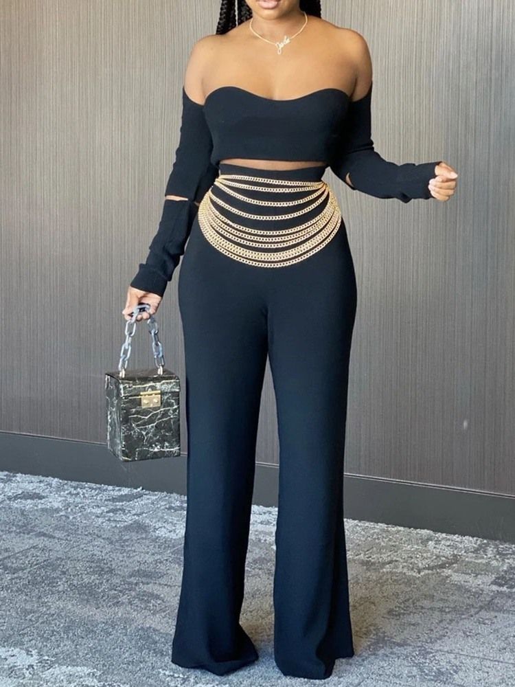 Vanliga Sexiga Byxor Off Shoulder Raka Tvådelade Set Dambyxor Set