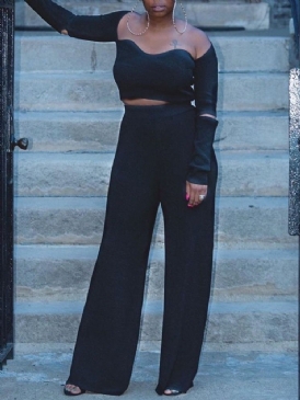 Vanliga Sexiga Byxor Off Shoulder Raka Tvådelade Set Dambyxor Set