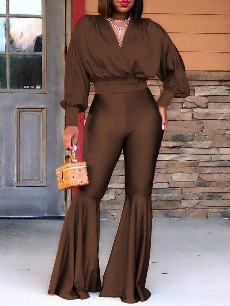 Vanliga Västerländska Byxor V-Ringad Bellbottoms Tvådelade Set
