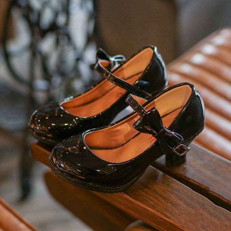 Pu Bow Chunky Heel Barnskor