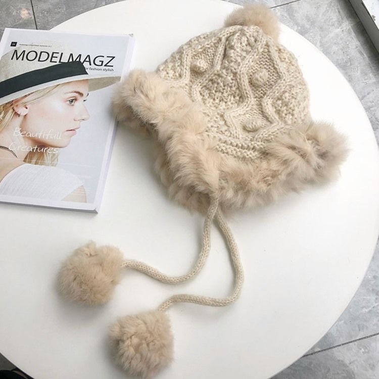 Vanligt Pompon Ullgarn Stickade Mössor För Kvinnor