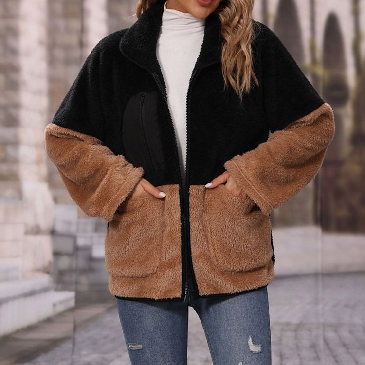Blixtlås Långärmad Fleece-Höst Mellanlång Jacka