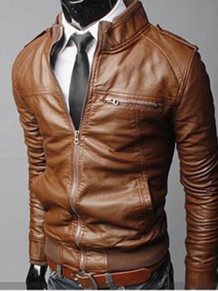 Casual Plain Standard Stand Krage Slim Zipper Läderjacka