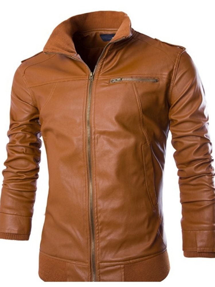 Casual Plain Standard Stand Krage Slim Zipper Läderjacka