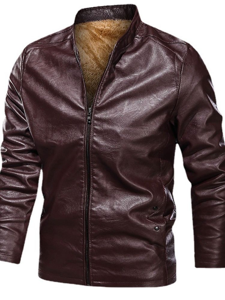 Casual Stand Collar Standard Vanlig Slim European Leather Jacket