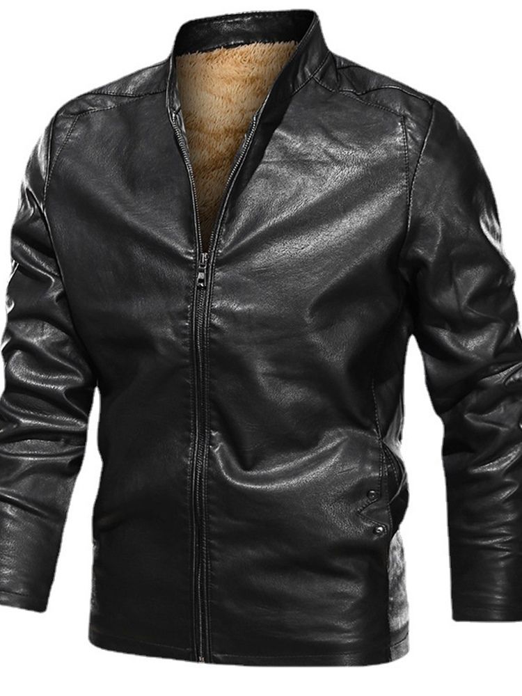 Casual Stand Collar Standard Vanlig Slim European Leather Jacket