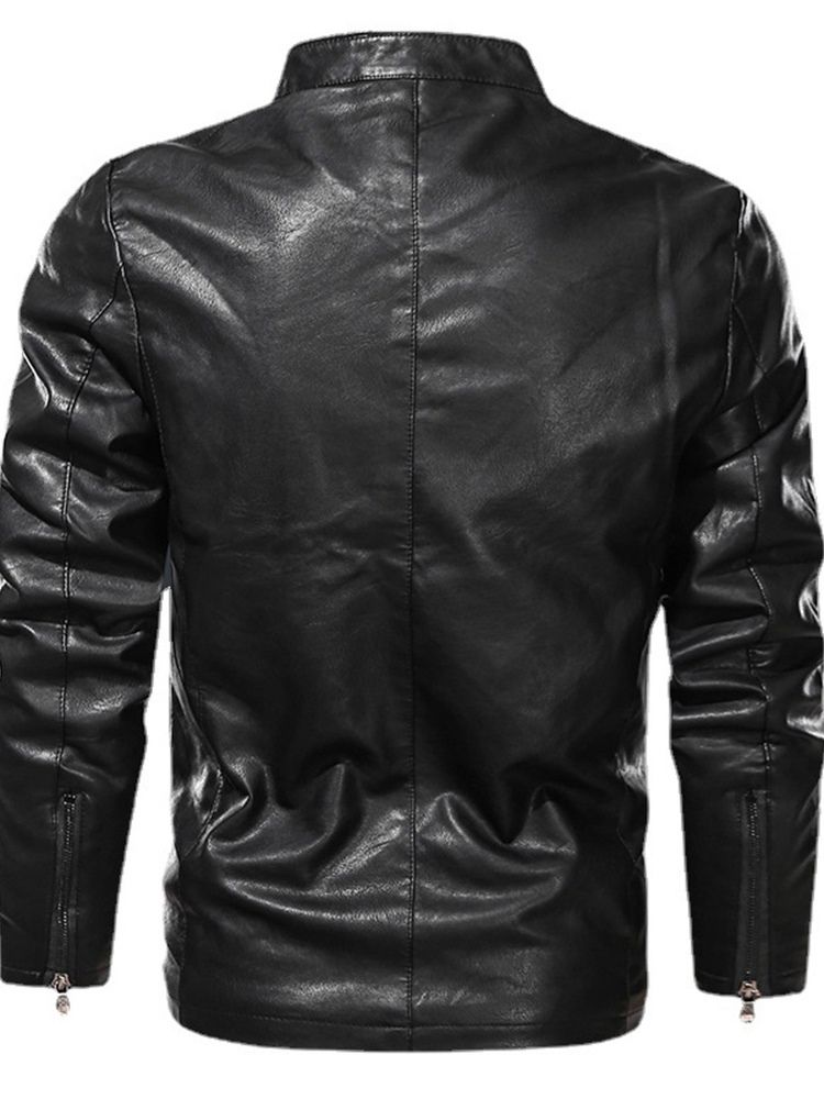 Casual Stand Collar Standard Vanlig Slim European Leather Jacket