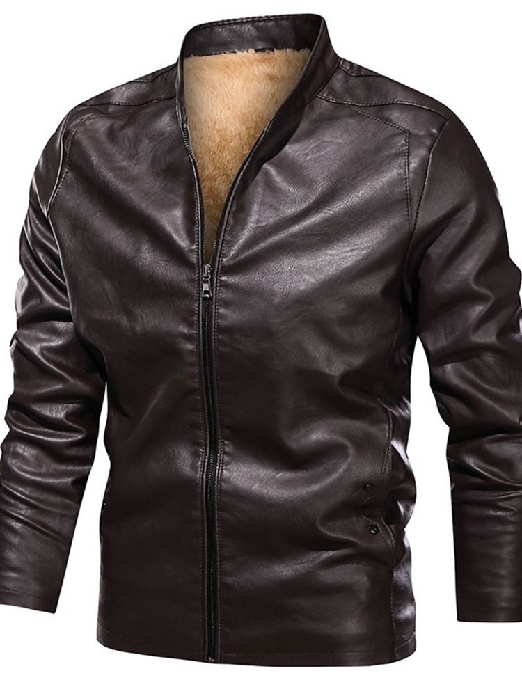 Casual Stand Collar Standard Vanlig Slim European Leather Jacket