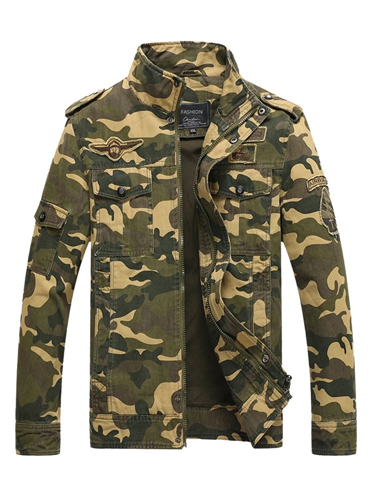 Cotton Blends Camouflage Stand Krage Zip Herrjacka