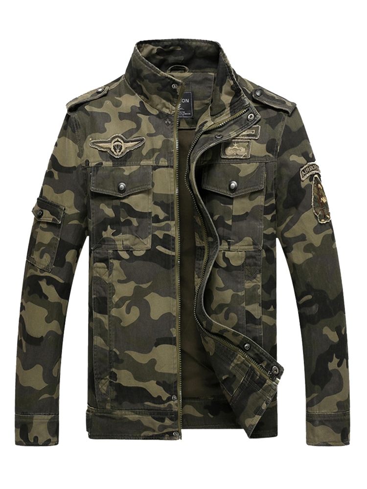 Cotton Blends Camouflage Stand Krage Zip Herrjacka