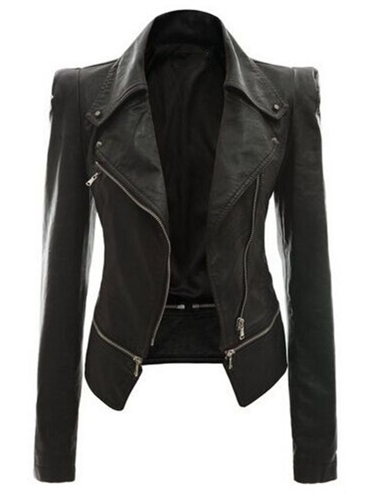 Dragkedja Lapel Pu Slim Jacka