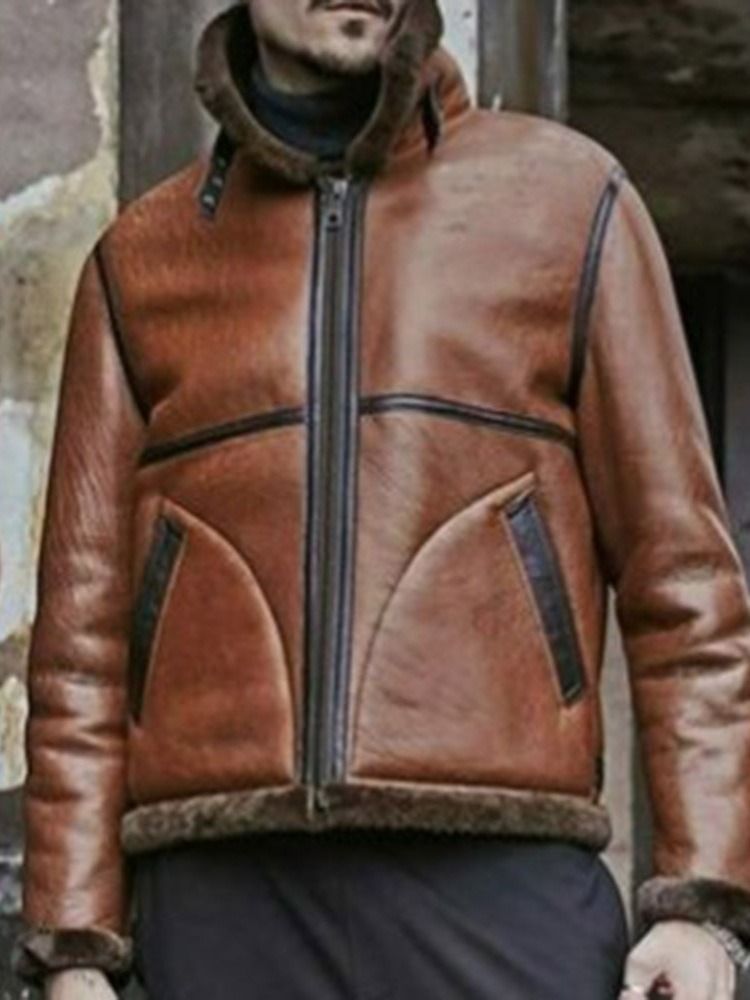 Fleece Color Block Lapel Fashion Fall Jacka