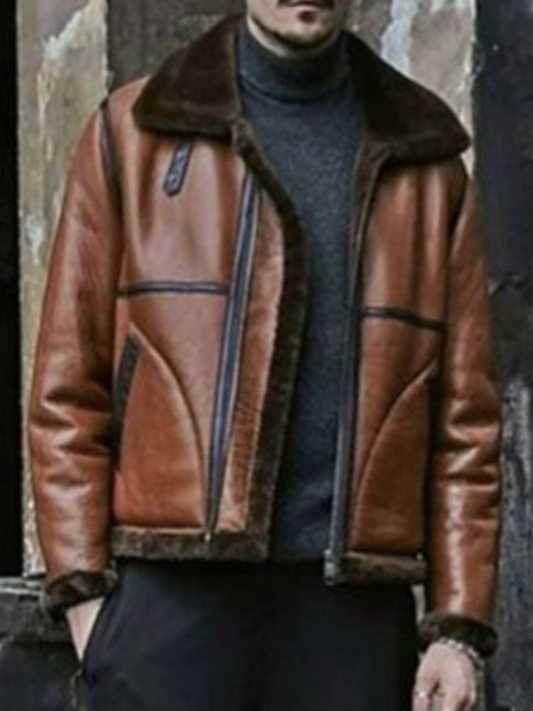 Fleece Color Block Lapel Fashion Fall Jacka
