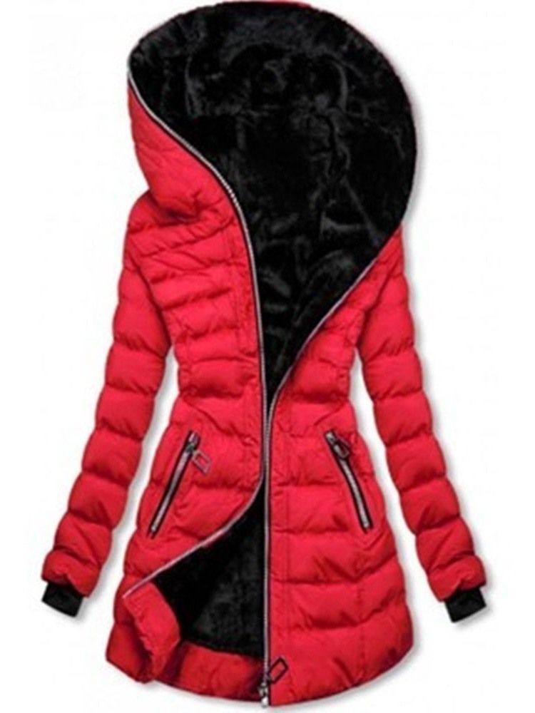 Hooded Slim Pocket Zipper Mid-Length Cotton Vadderad Jacka