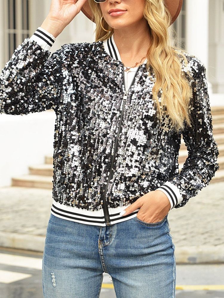 Långärmad Dragkedja För Damer Slim Fall Stand Collar Jacka