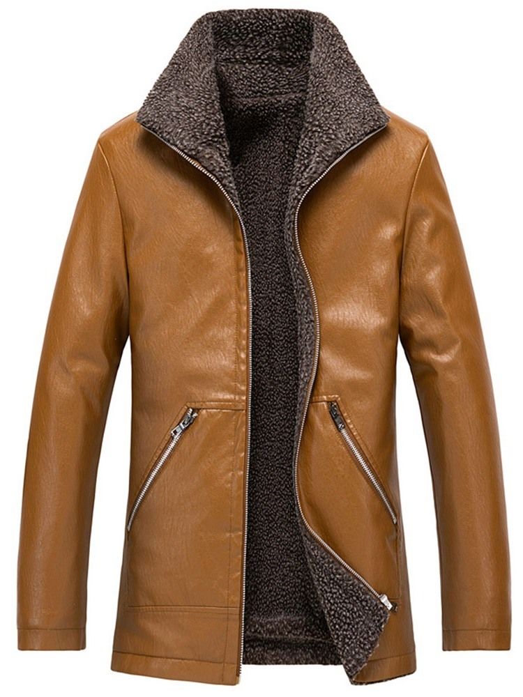 Lapel Mellanlång Casual Slim Läderjacka För Män
