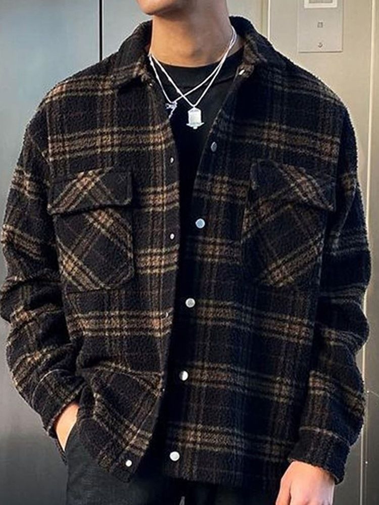 Lapel Plaid Pocket Enkelknäppt Höstjacka
