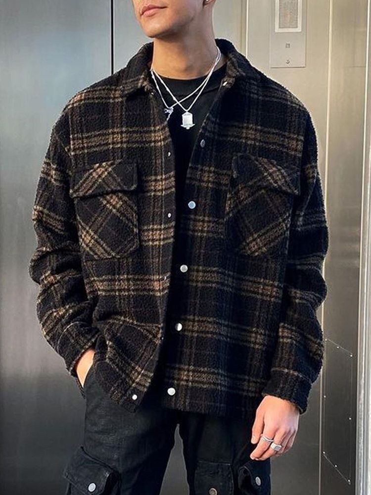 Lapel Plaid Pocket Enkelknäppt Höstjacka
