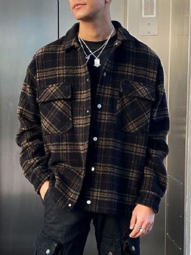 Lapel Plaid Pocket Enkelknäppt Höstjacka