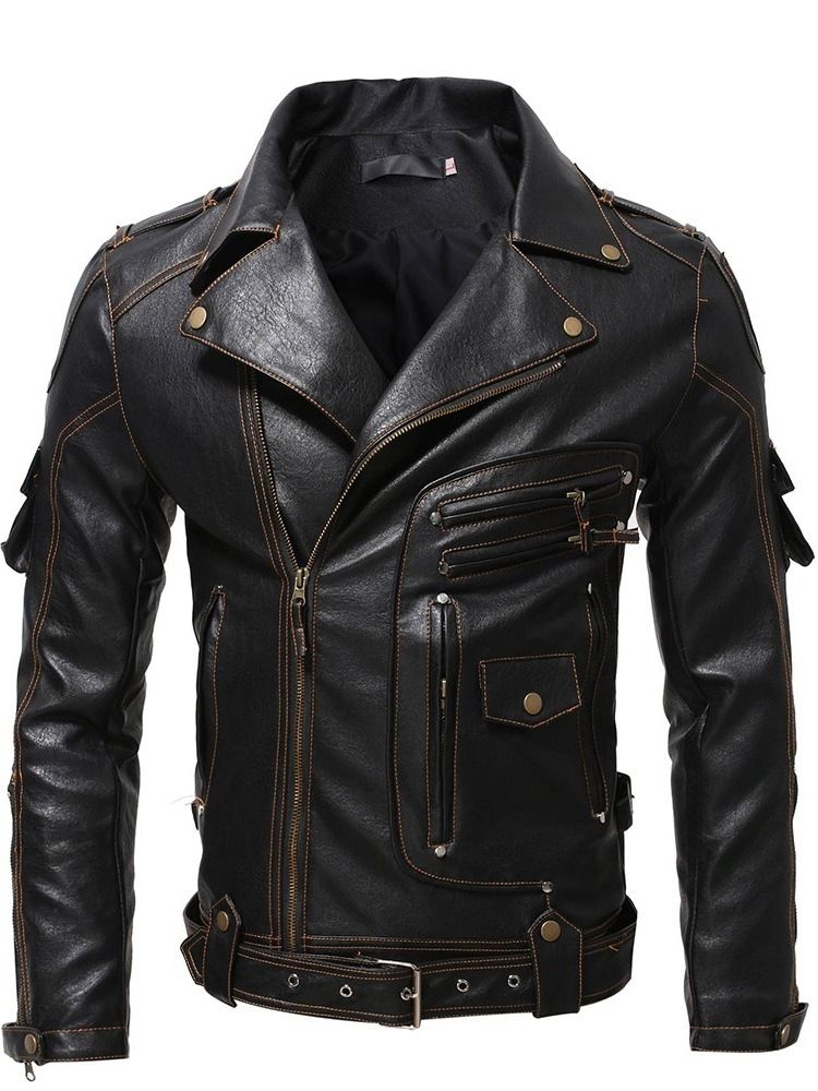 Lapel Plain Standard Mode Dragkedja Läderjacka För Män