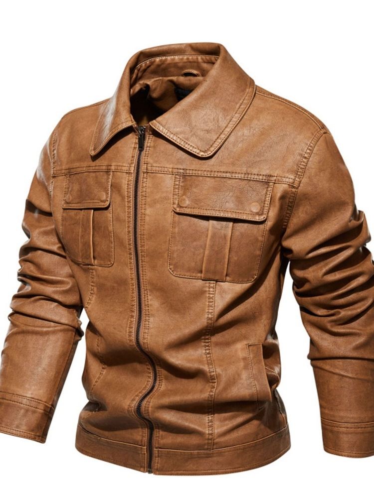 Lapel Plain Standard Vintage Pocket Läderjacka