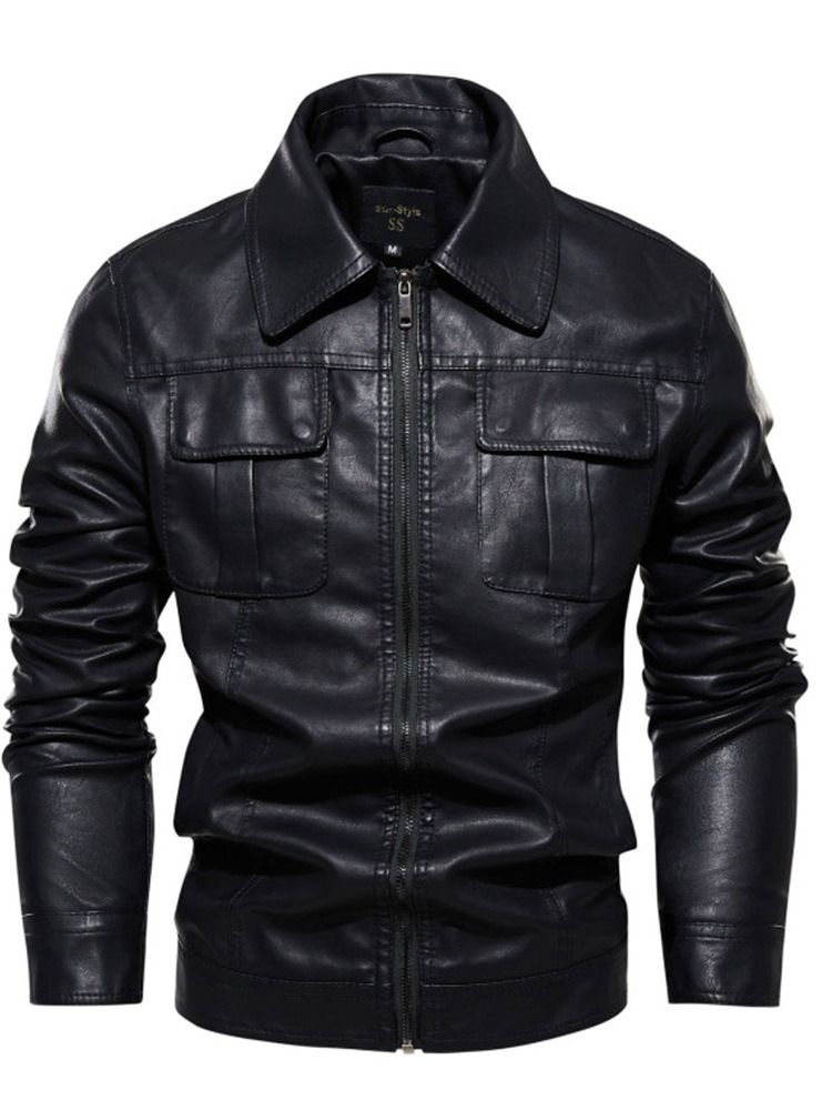 Lapel Plain Standard Vintage Pocket Läderjacka