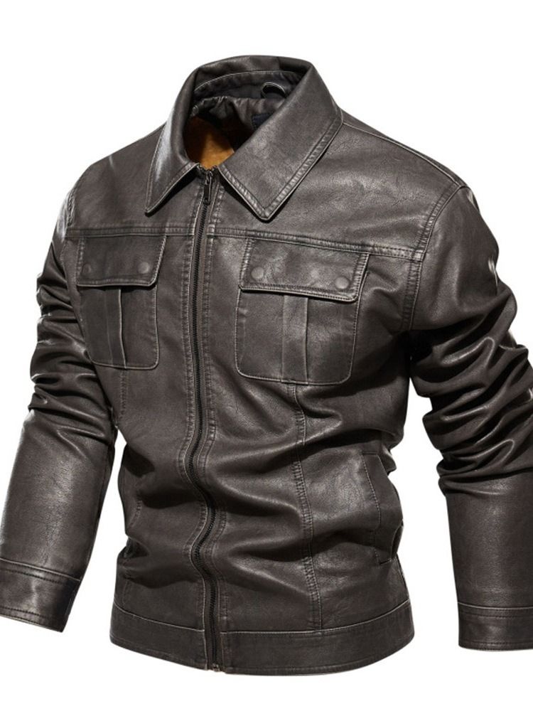 Lapel Plain Standard Vintage Pocket Läderjacka