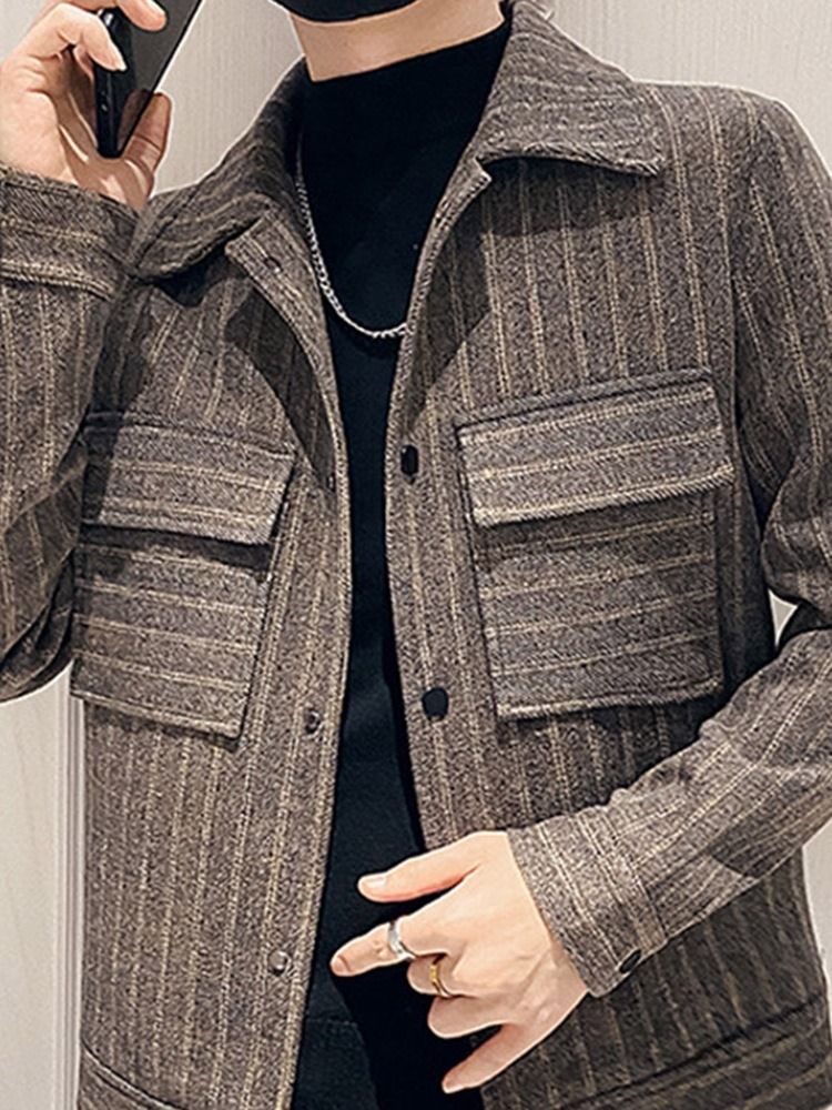 Lapel Pocket Stripe Enkelknäppt Casual Jacka