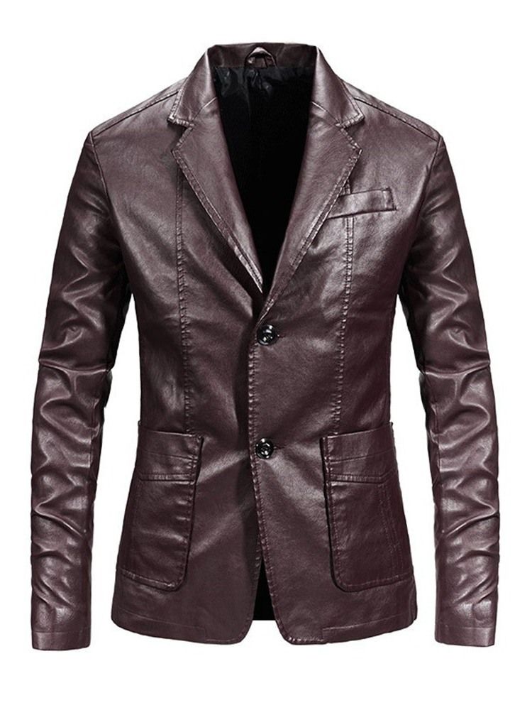 Lapel Standard Plain Fall Enkelknäppt Läderjacka För Män