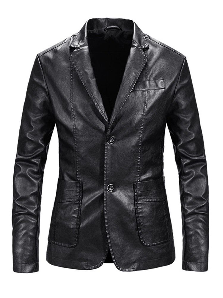 Lapel Standard Plain Fall Enkelknäppt Läderjacka För Män
