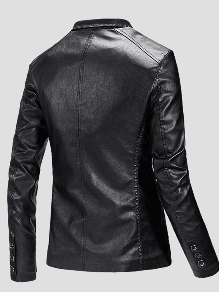 Lapel Standard Plain Fall Enkelknäppt Läderjacka För Män