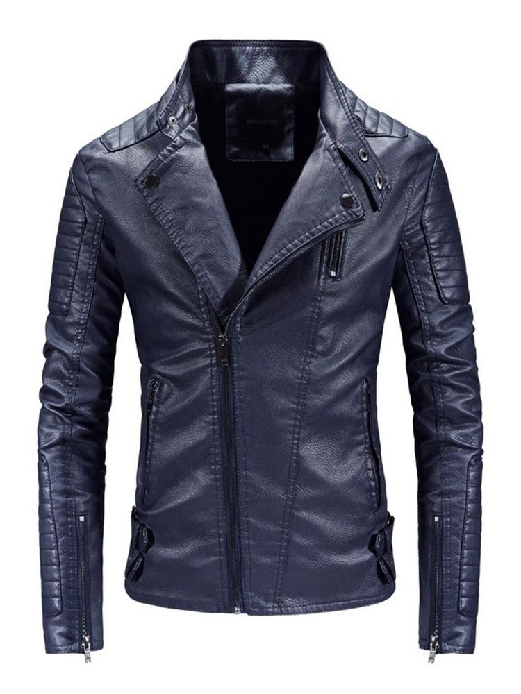 Lapel Standard Plain Fashion Zipper Läderjacka