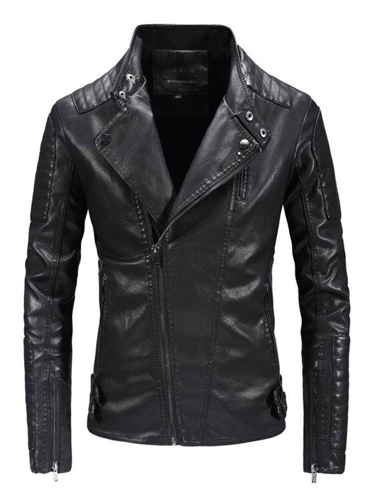 Lapel Standard Plain Fashion Zipper Läderjacka