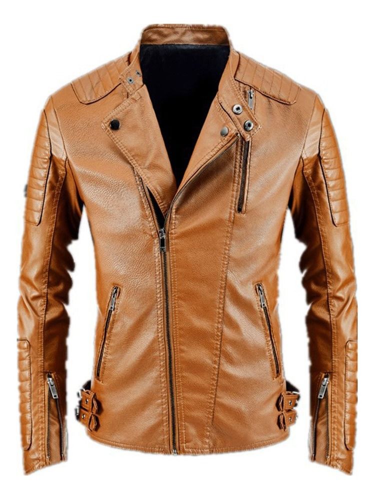 Lapel Standard Plain Fashion Zipper Läderjacka