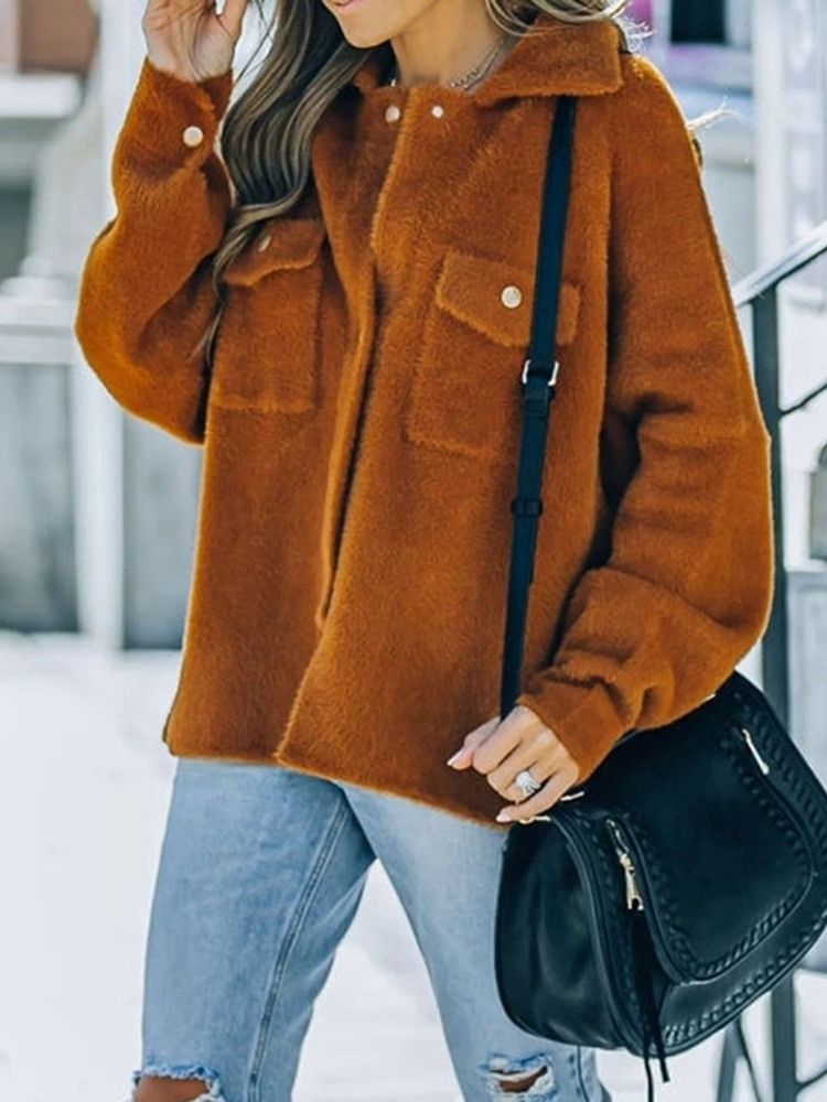 Lös Fleece Enkelknäppt Vinterjacka I Mellanlängd