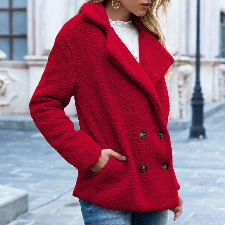Lös Fleece Långärmad Lapel Vanlig Jacka För Kvinnor