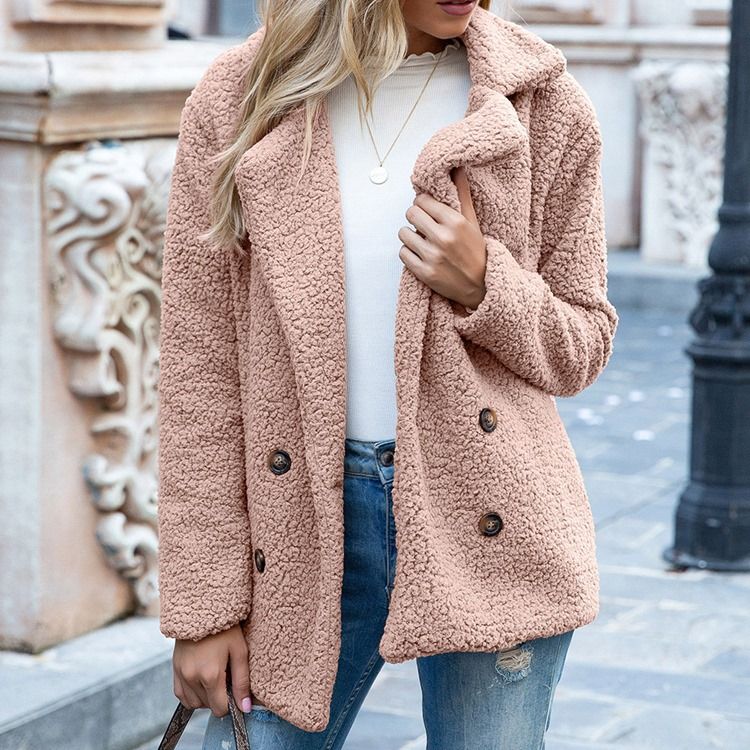 Lös Fleece Långärmad Lapel Vanlig Jacka För Kvinnor