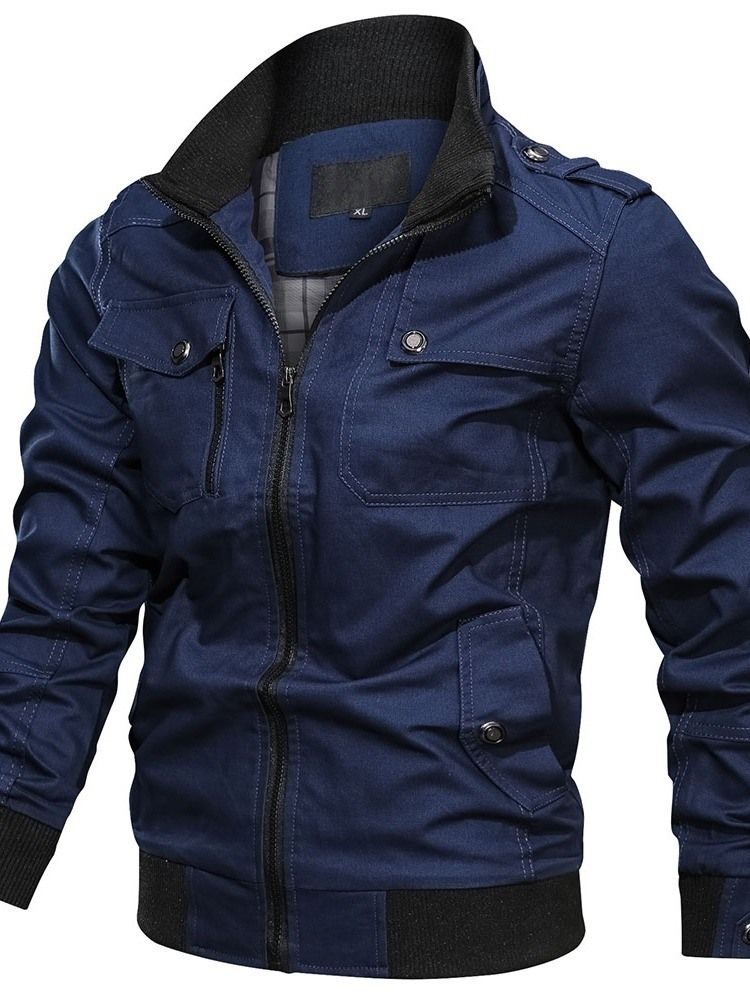 Patchwork Color Block Stativ Krage Dragkedja Slim Jacka