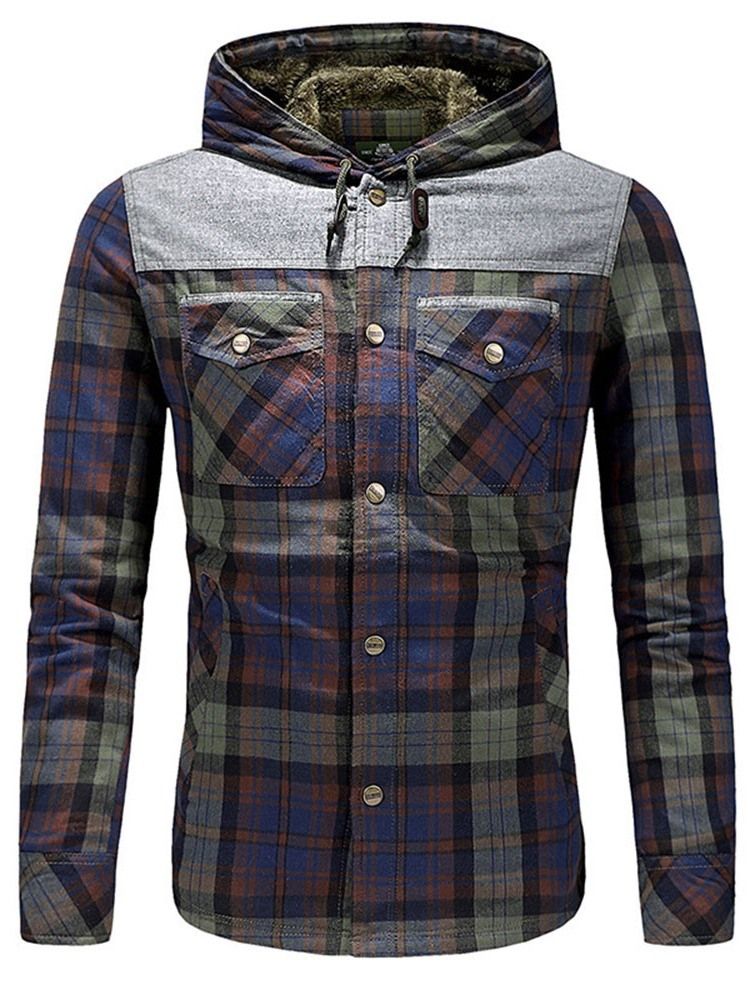 Rutig Fleece Patchwork Vinter Casual Herrjacka