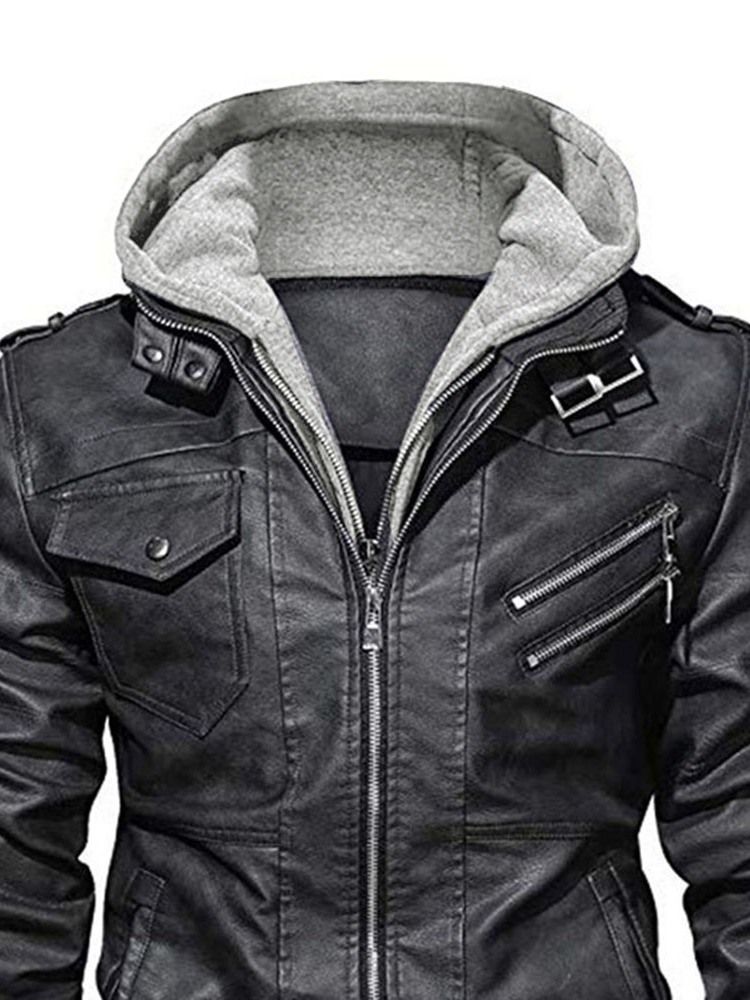 Standard Hooded Plain Slim Patchwork Läderjacka För Män