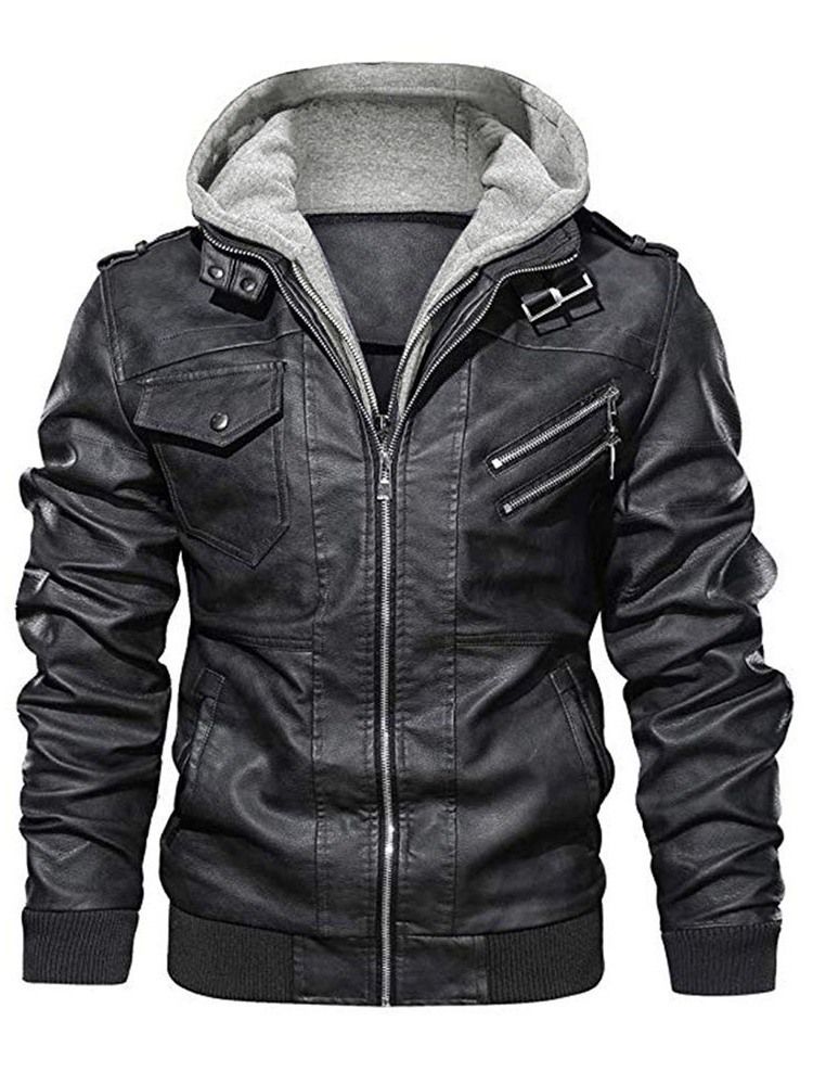 Standard Hooded Plain Slim Patchwork Läderjacka För Män