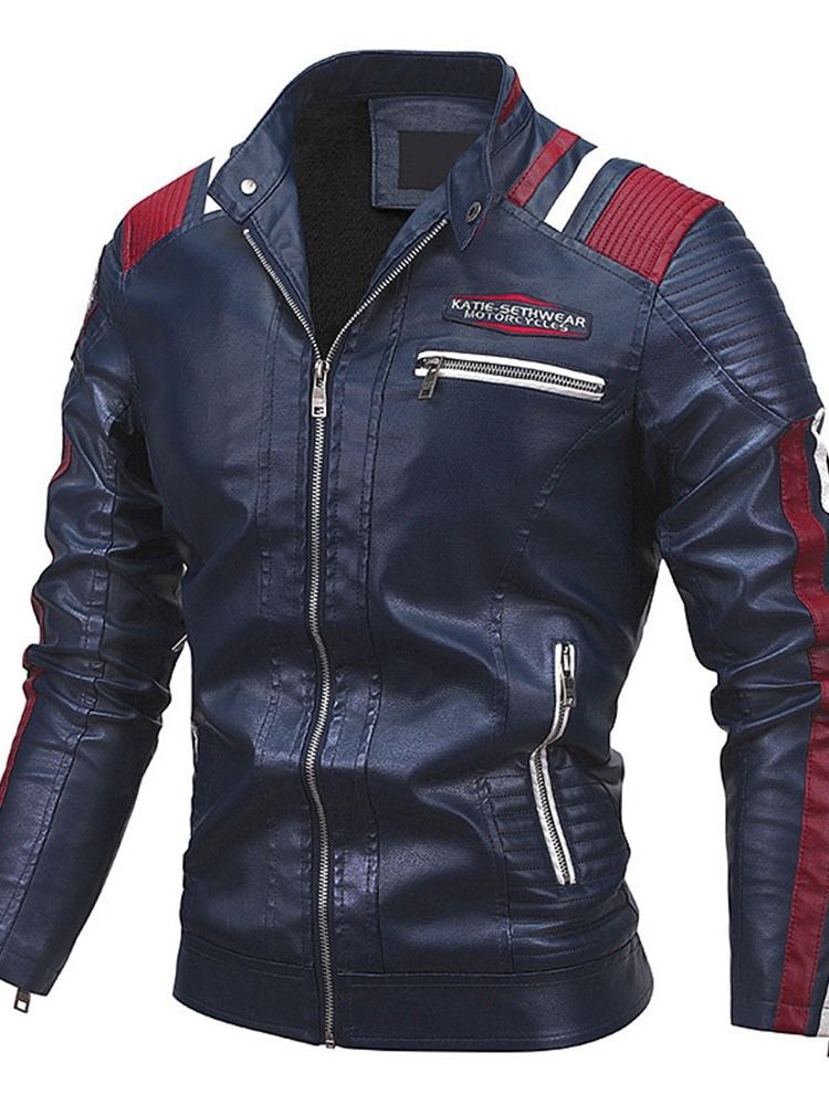Standard Stativ Krage Color Block Vinter Patchwork Skinnjacka