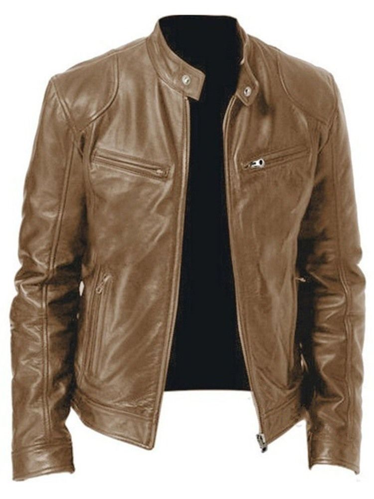 Standard Stativkrage Vanlig Slim Zipper Läder Casual Jacka