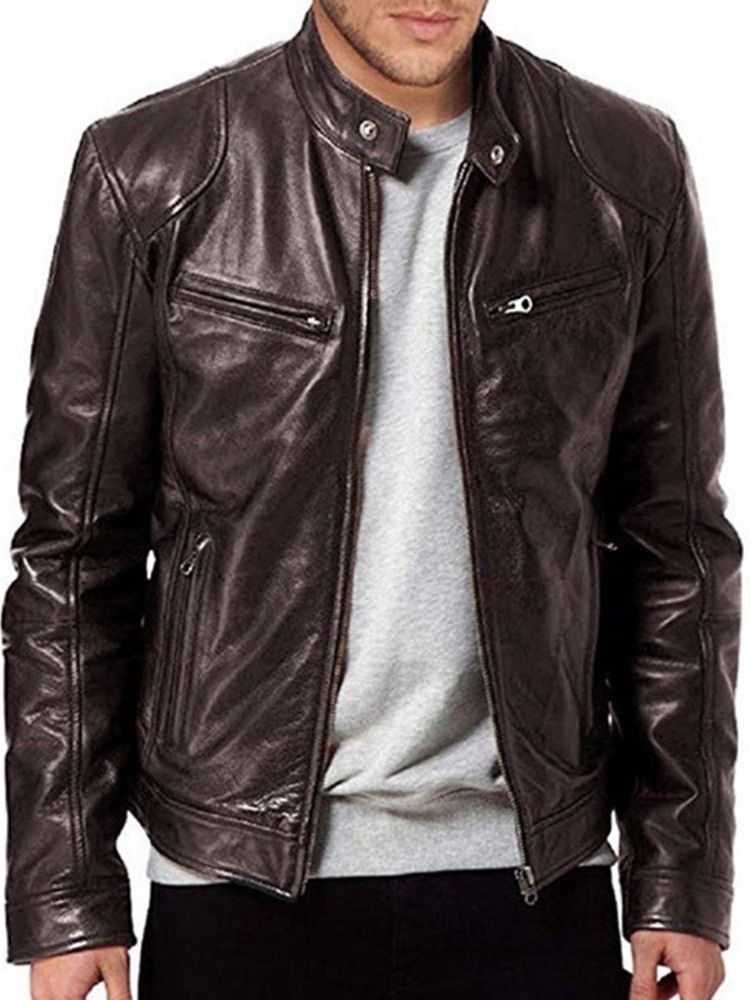 Standard Stativkrage Vanlig Slim Zipper Läder Casual Jacka